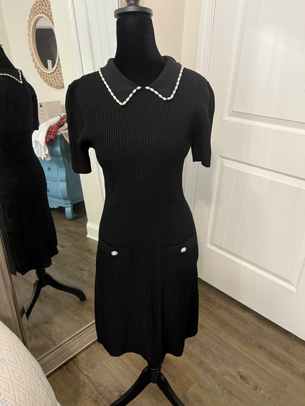 KARL LAGERFELD PARIS Black Knit Dress with Pearl-Trim Collar
